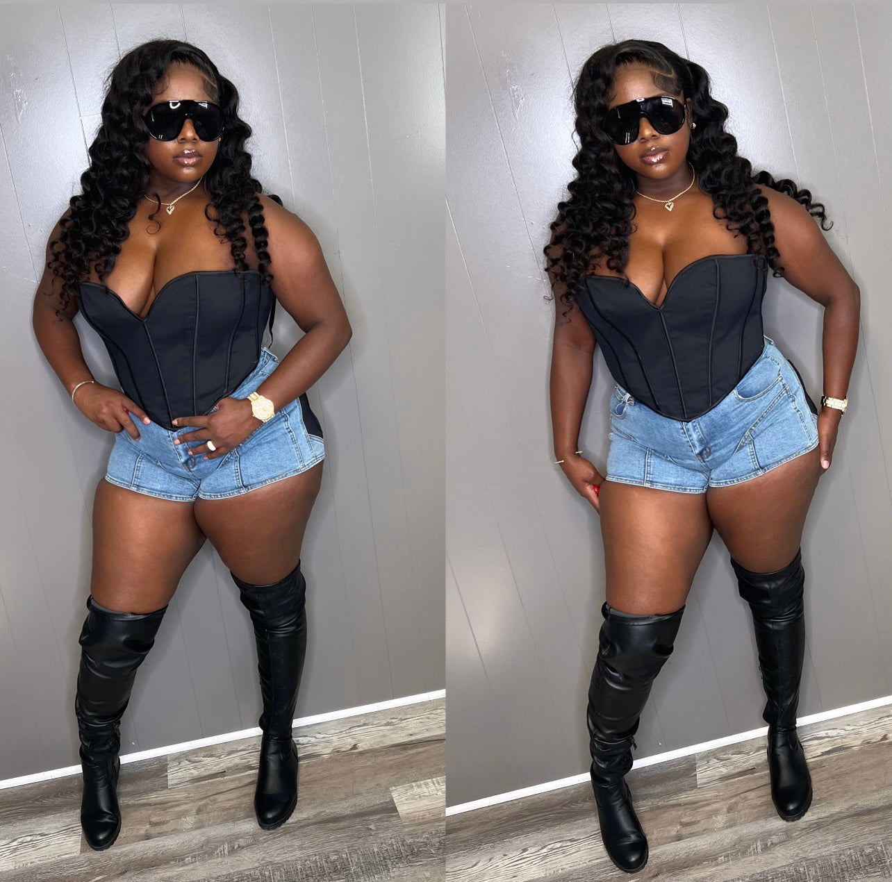 Denim & black shorts